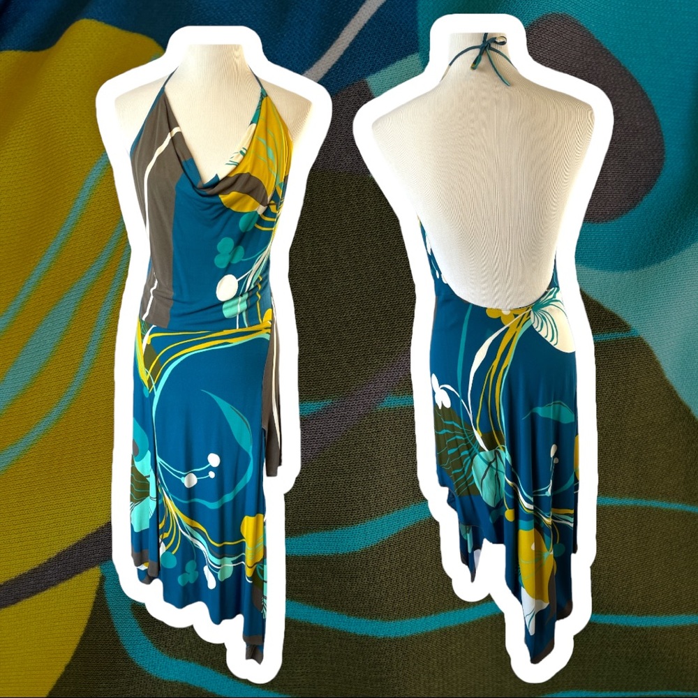 Vintage backless halter asymmetric print dress